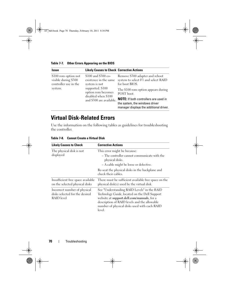 Virtual disk-related errors, Table 7-8. cannot create a virtual disk | Dell PowerEdge RAID Controller S300 User Manual | Page 70 / 110