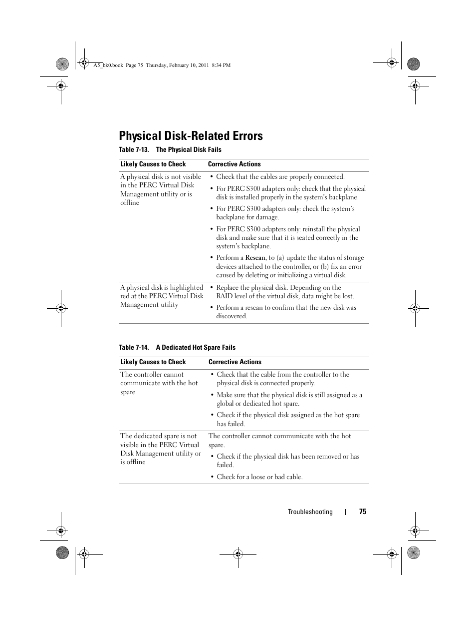 Physical disk-related errors, Table 7-13. the physical disk fails, Table 7-14. a dedicated hot spare fails | Dell PowerEdge RAID Controller S300 User Manual | Page 75 / 110