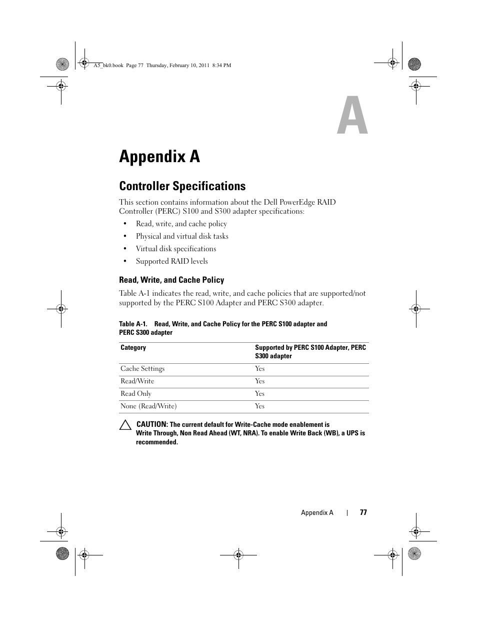 Appendix a, Controller specifications, Read, write, and cache policy | Dell PowerEdge RAID Controller S300 User Manual | Page 77 / 110