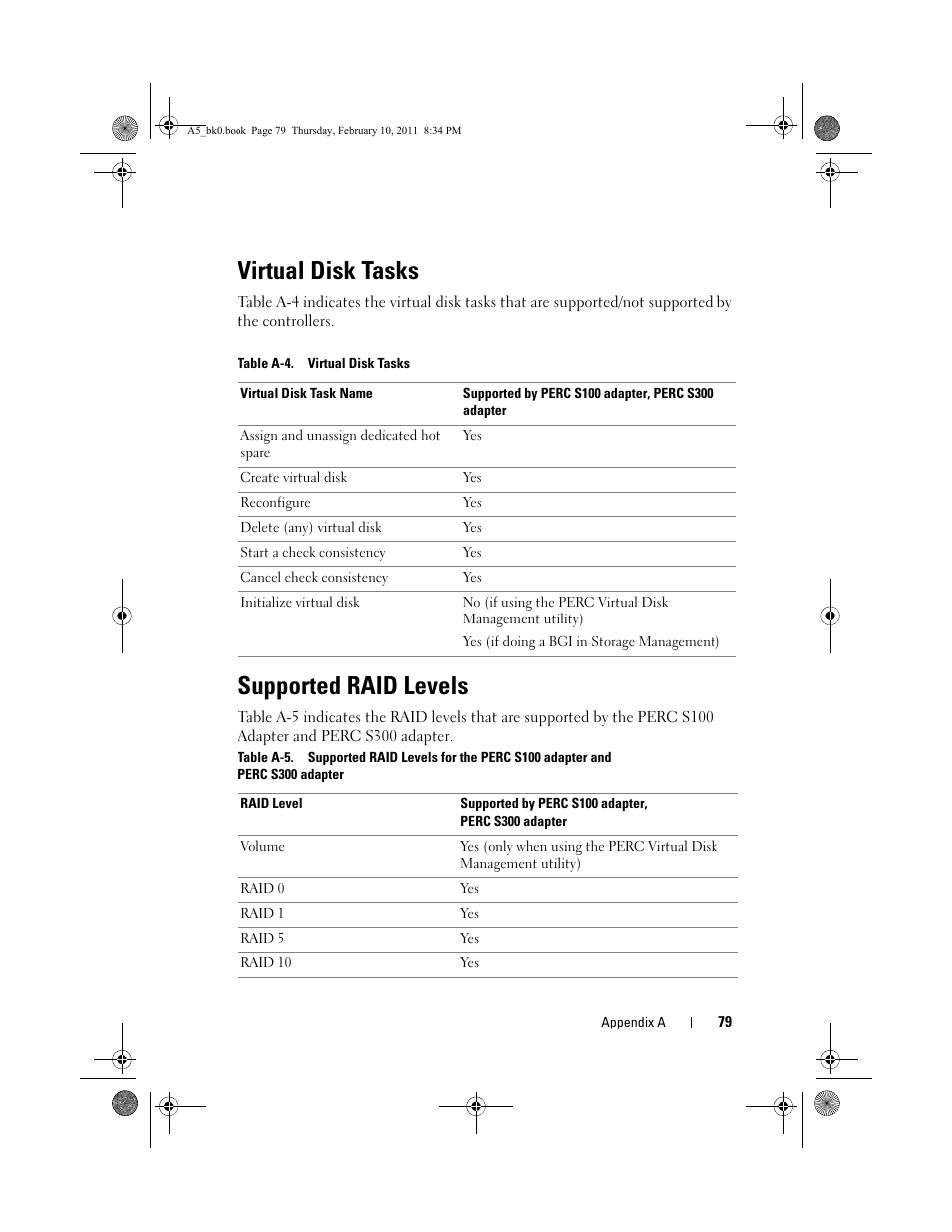Virtual disk tasks, Table a-4. virtual disk tasks, Supported raid levels | Dell PowerEdge RAID Controller S300 User Manual | Page 79 / 110