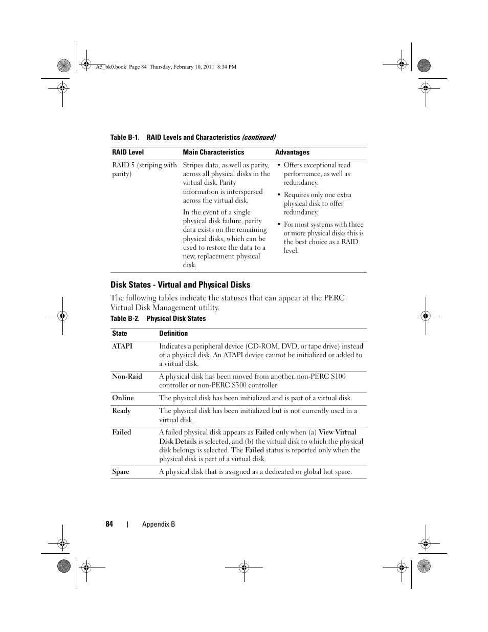 Disk states - virtual and physical disks, Table b-2. physical disk states | Dell PowerEdge RAID Controller S300 User Manual | Page 84 / 110