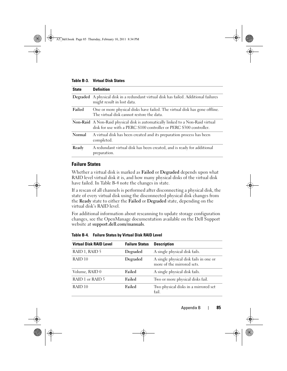 Table b-3. virtual disk states, Failure states | Dell PowerEdge RAID Controller S300 User Manual | Page 85 / 110