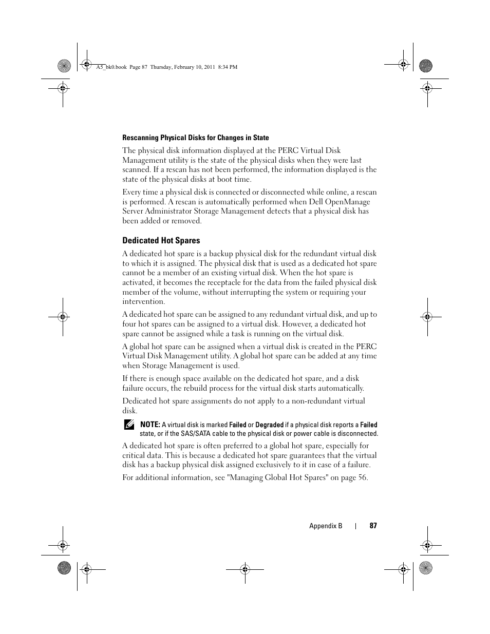 Rescanning physical disks for changes in state, Dedicated hot spares | Dell PowerEdge RAID Controller S300 User Manual | Page 87 / 110