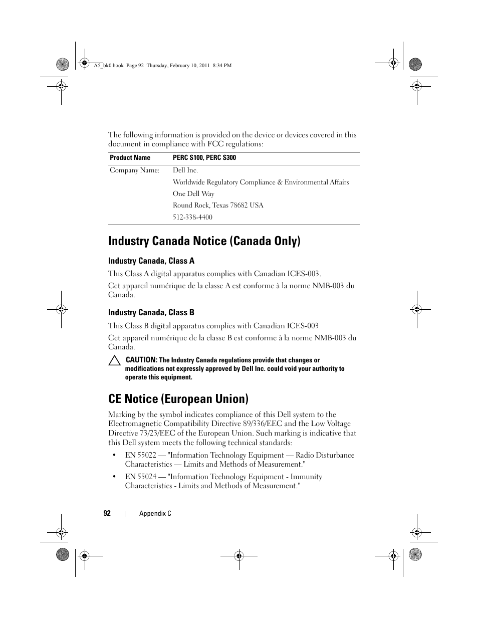 Industry canada notice (canada only), Industry canada, class a, Industry canada, class b | Ce notice (european union) | Dell PowerEdge RAID Controller S300 User Manual | Page 92 / 110