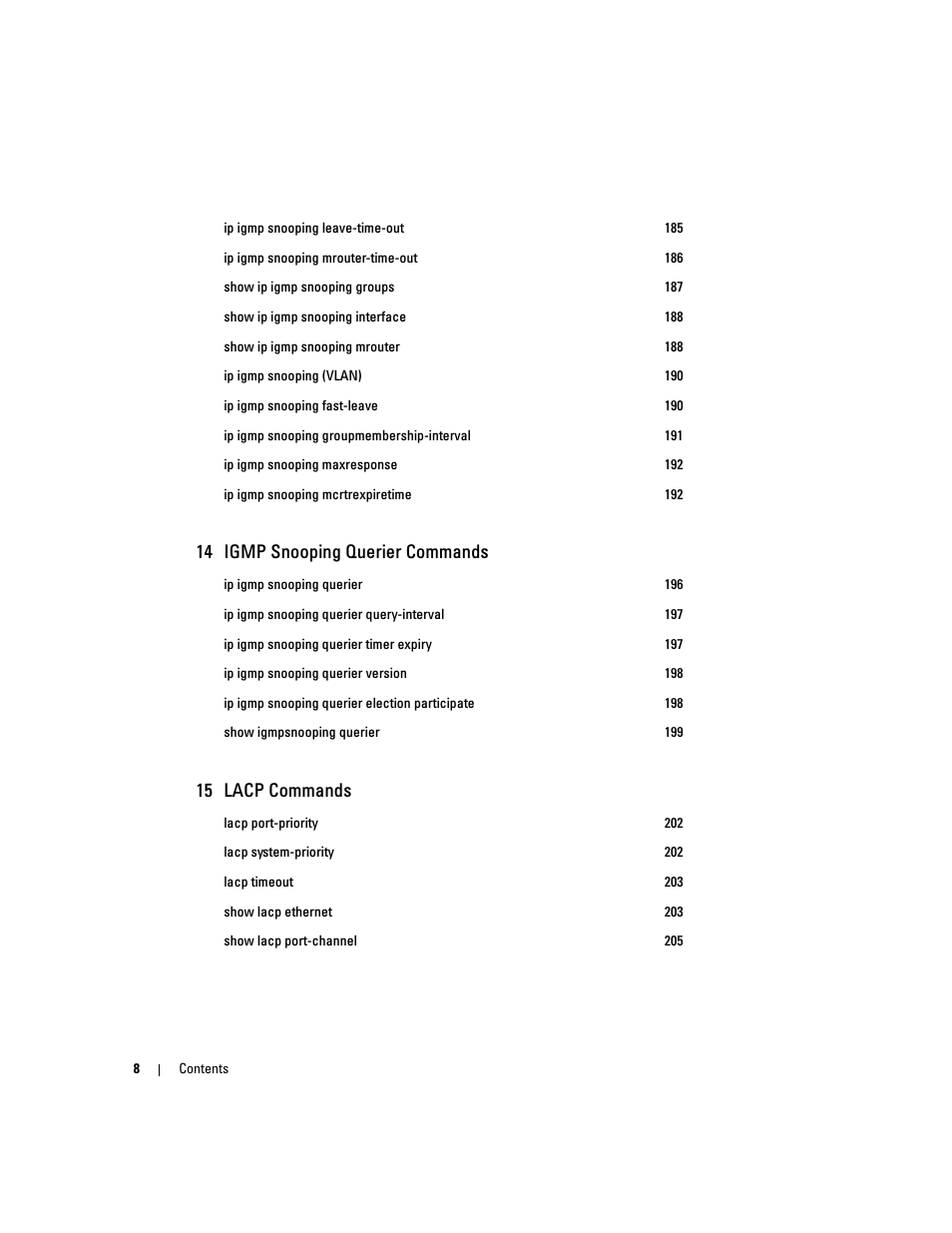 14 igmp snooping querier commands, 15 lacp commands | Dell POWEREDGE M905 User Manual | Page 10 / 808