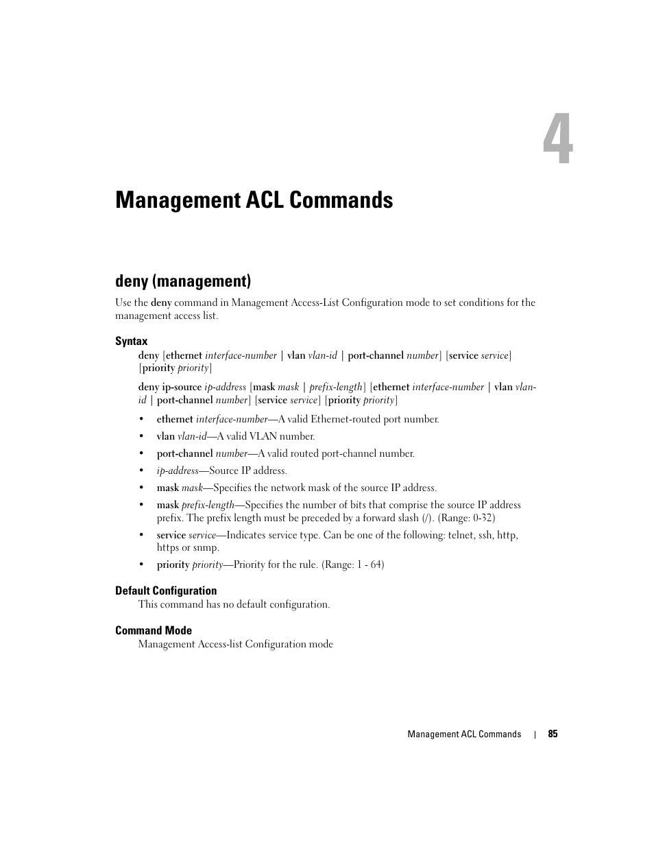 Management acl commands, Deny (management) | Dell POWEREDGE M905 User Manual | Page 121 / 808