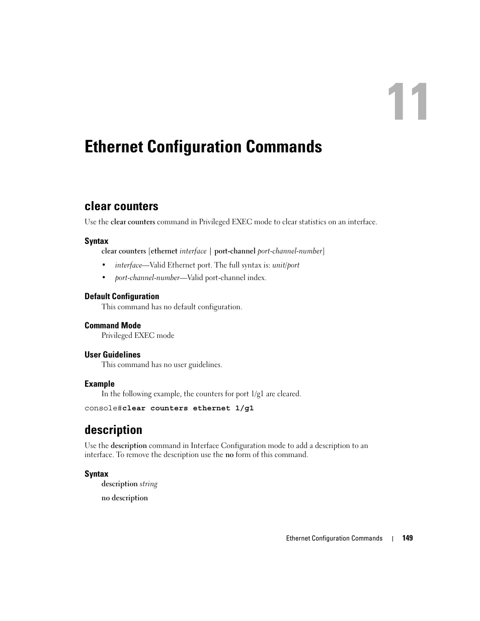 Ethernet configuration commands, Clear counters, Description | 11 ethernet configuration commands | Dell POWEREDGE M905 User Manual | Page 181 / 808