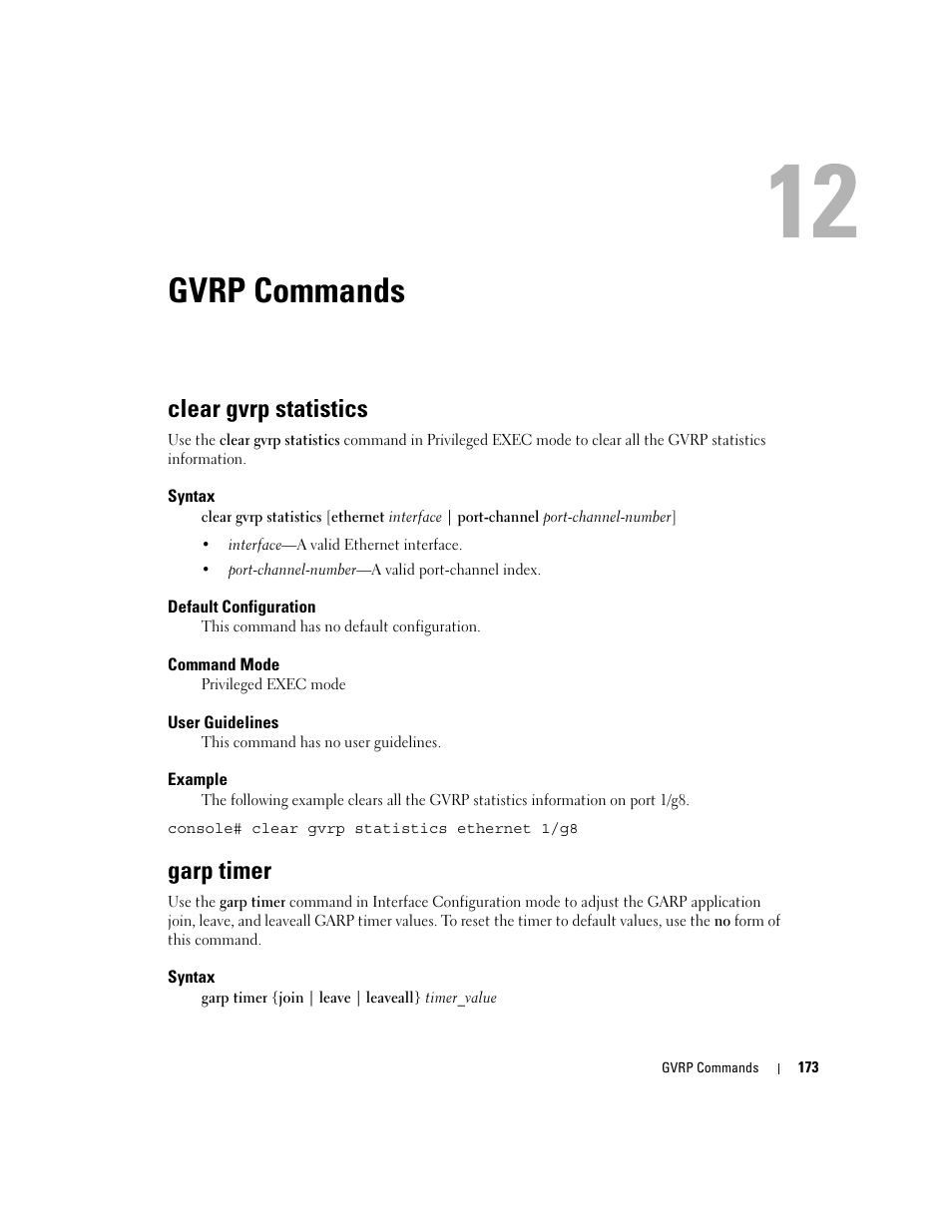 Gvrp commands, Clear gvrp statistics, Garp timer | 12 gvrp commands | Dell POWEREDGE M905 User Manual | Page 203 / 808