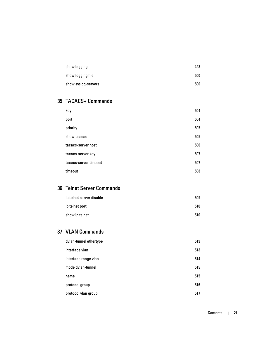 35 tacacs+ commands, 36 telnet server commands, 37 vlan commands | Dell POWEREDGE M905 User Manual | Page 23 / 808