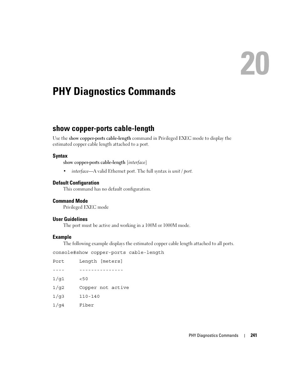 Phy diagnostics commands, Show copper-ports cable-length, 20 phy diagnostics commands | Dell POWEREDGE M905 User Manual | Page 265 / 808