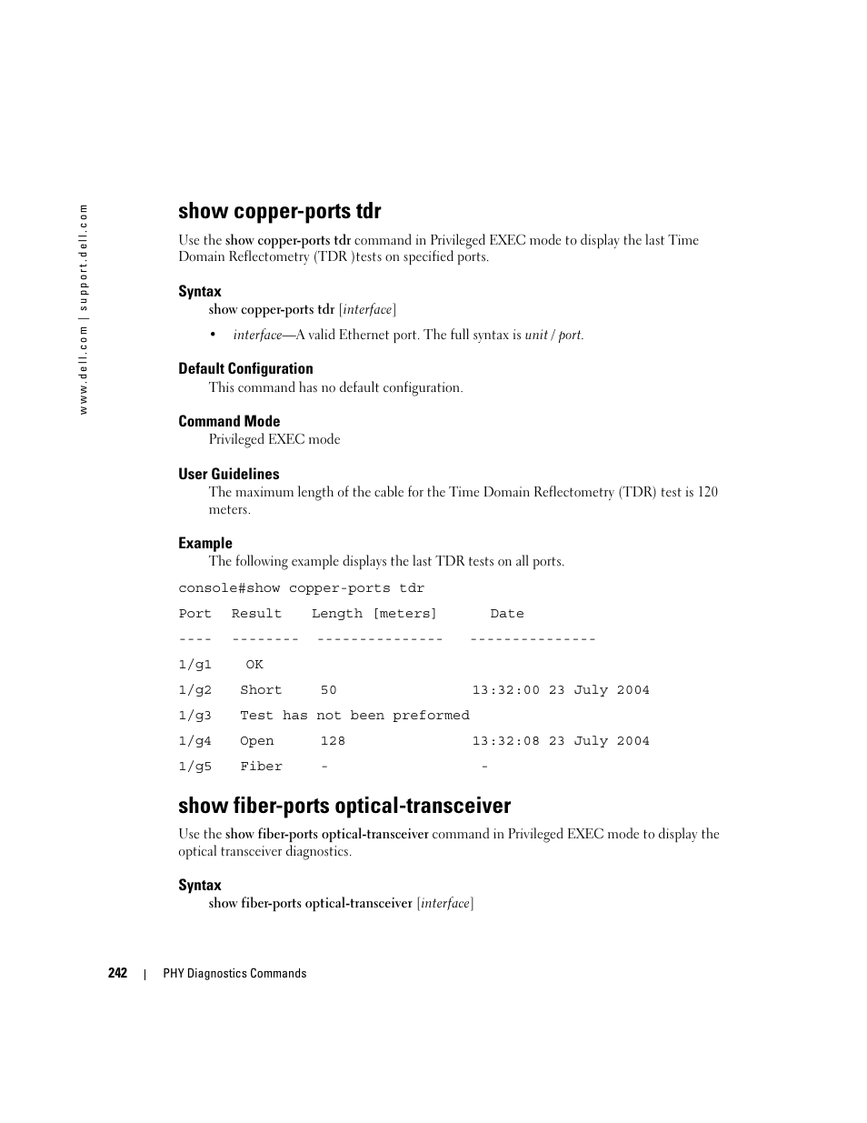 Show copper-ports tdr, Show fiber-ports optical-transceiver | Dell POWEREDGE M905 User Manual | Page 266 / 808