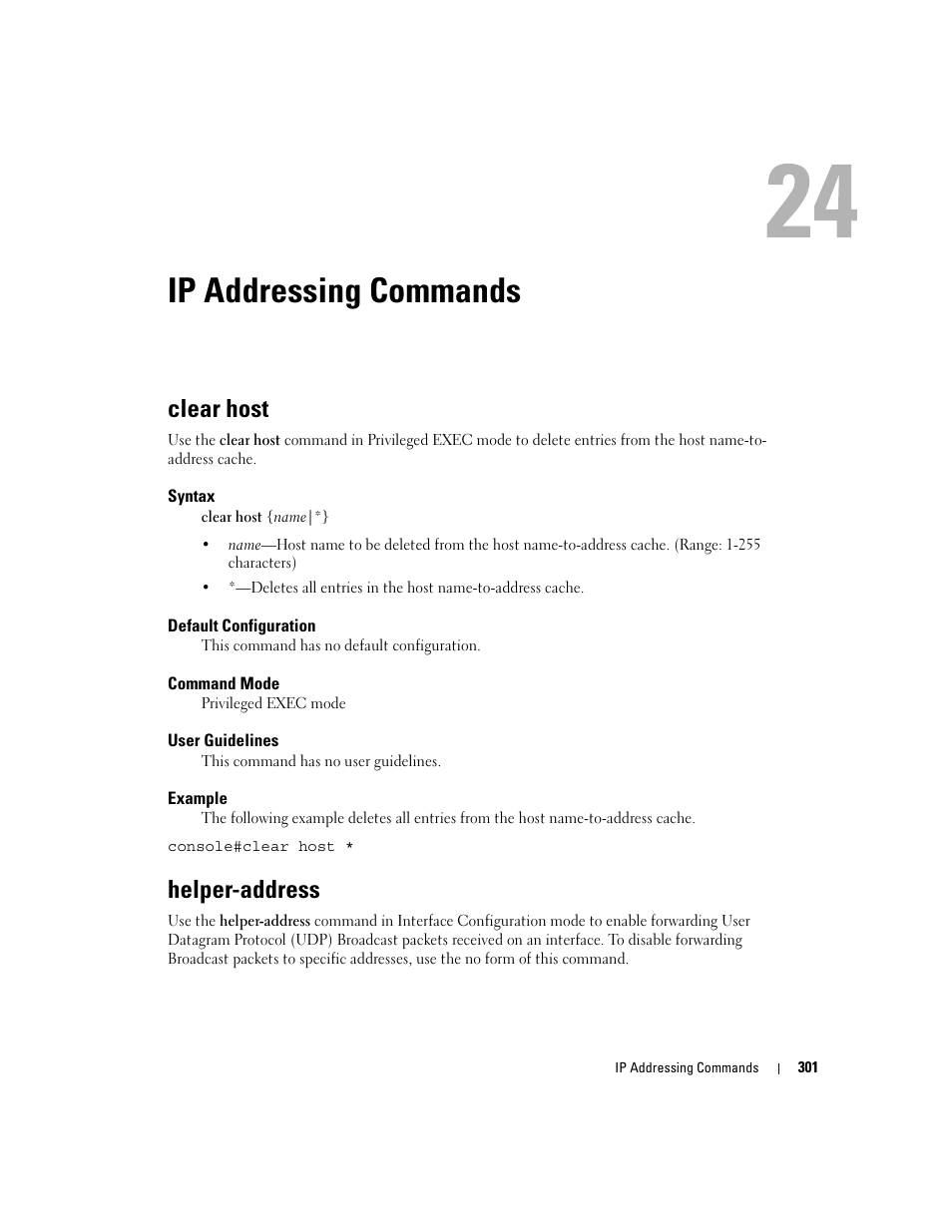 Ip addressing commands, Clear host, Helper-address | 24 ip addressing commands | Dell POWEREDGE M905 User Manual | Page 319 / 808