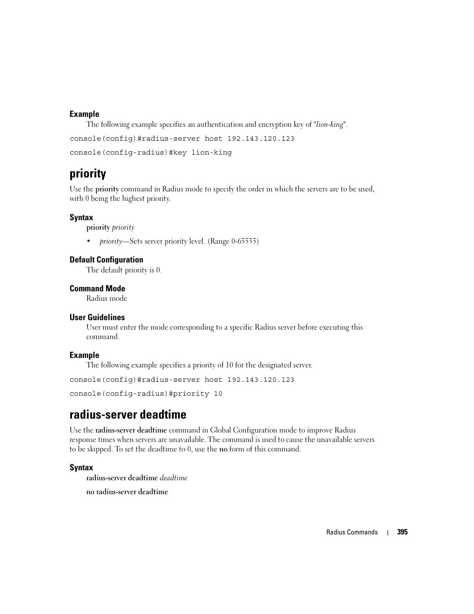 Priority, Radius-server deadtime | Dell POWEREDGE M905 User Manual | Page 405 / 808