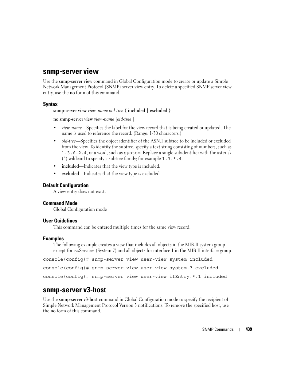 Snmp-server view, Snmp-server v3-host | Dell POWEREDGE M905 User Manual | Page 447 / 808