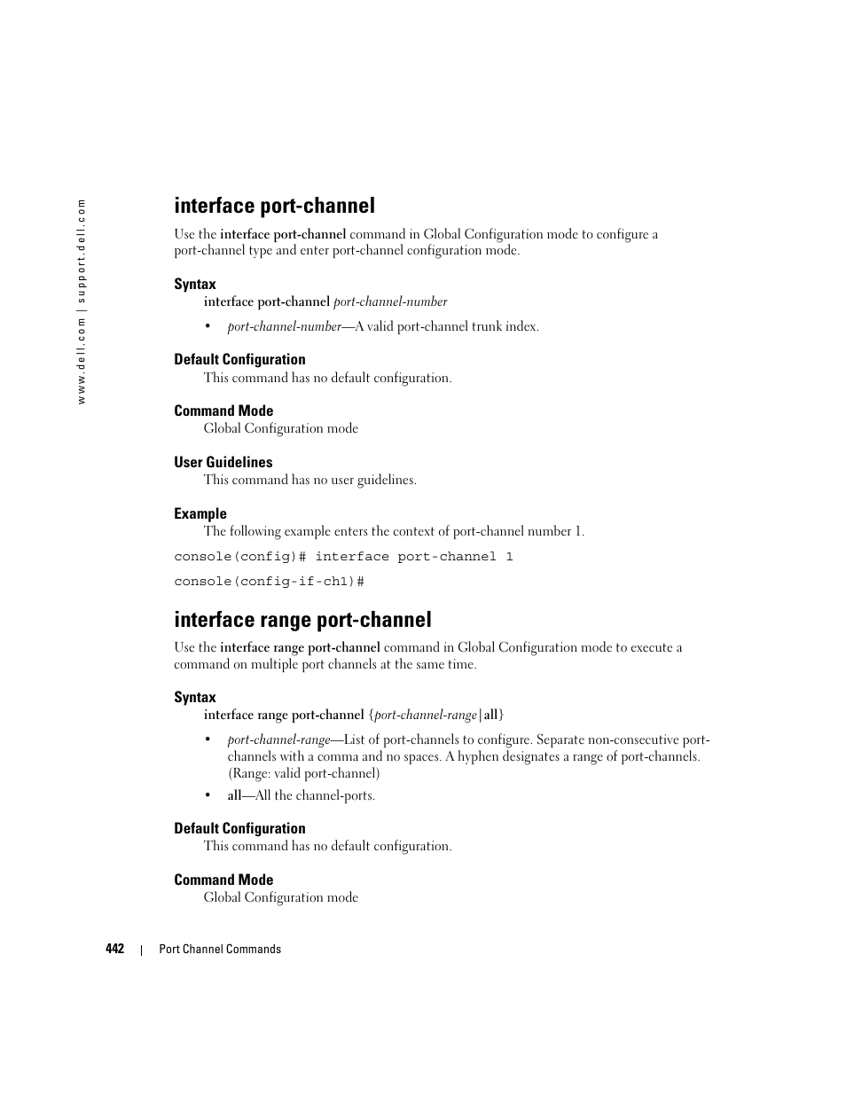 Interface port-channel, Interface range port-channel | Dell POWEREDGE M905 User Manual | Page 450 / 808