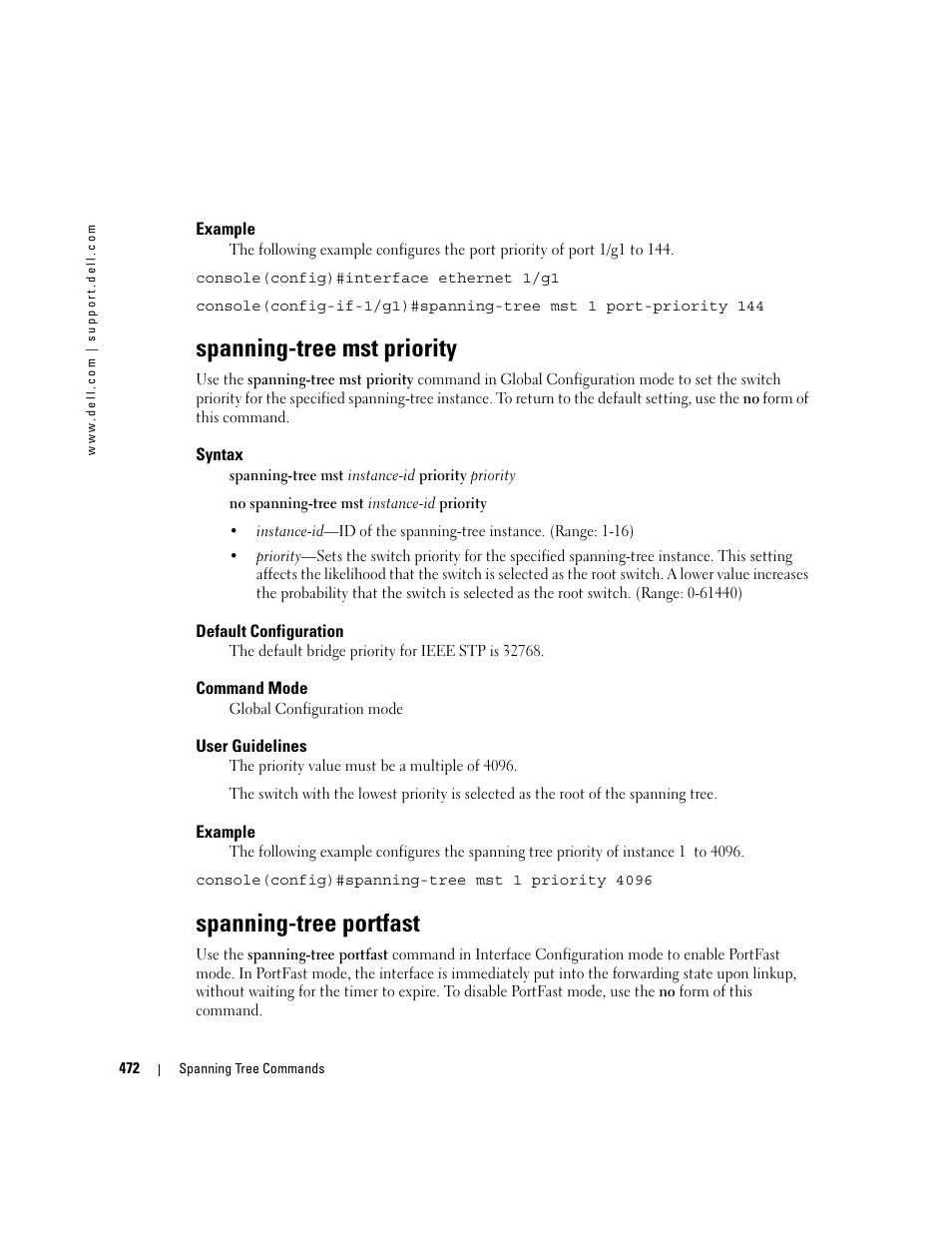 Spanning-tree mst priority, Spanning-tree portfast | Dell POWEREDGE M905 User Manual | Page 480 / 808