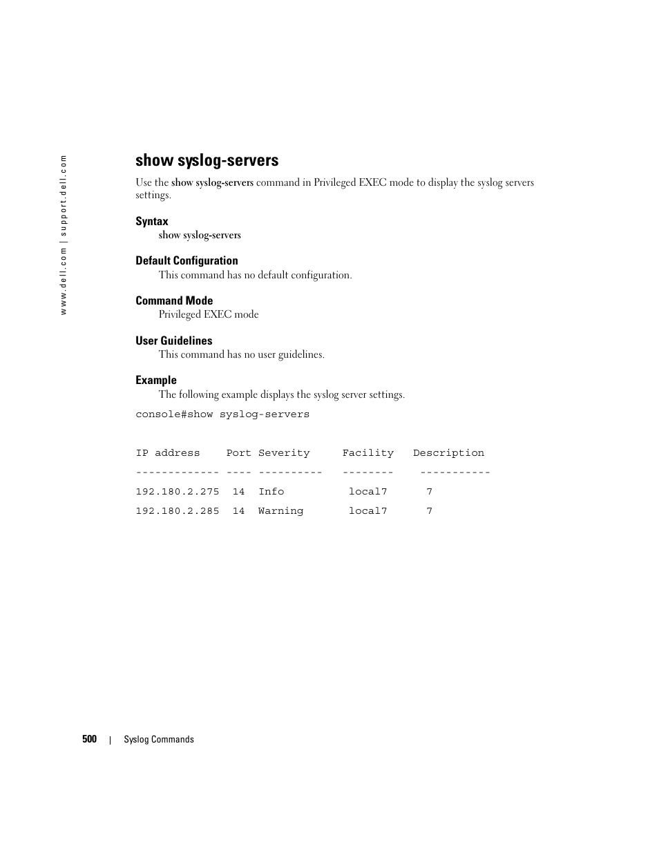 Show syslog-servers | Dell POWEREDGE M905 User Manual | Page 506 / 808