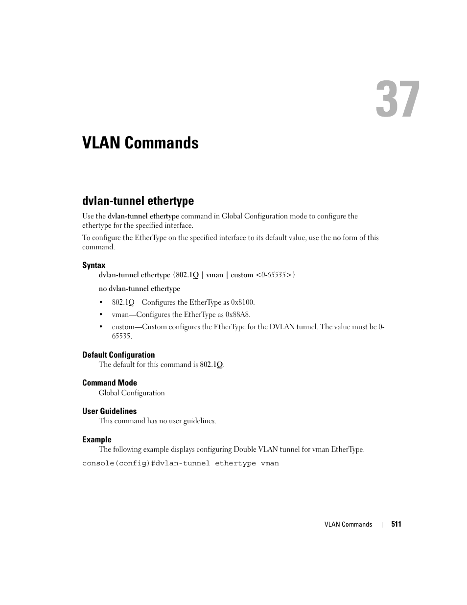 Vlan commands, Dvlan-tunnel ethertype, 37 vlan commands | Dell POWEREDGE M905 User Manual | Page 515 / 808