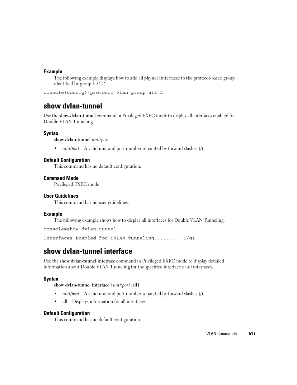 Show dvlan-tunnel, Show dvlan-tunnel interface | Dell POWEREDGE M905 User Manual | Page 521 / 808