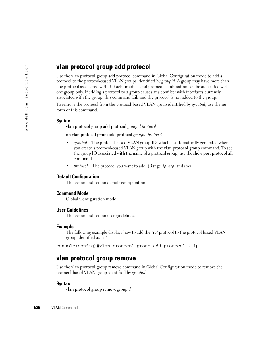 Vlan protocol group add protocol, Vlan protocol group remove | Dell POWEREDGE M905 User Manual | Page 540 / 808