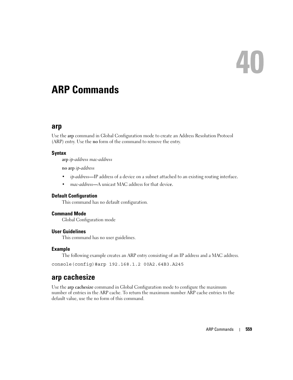 Arp commands, Arp cachesize, 40 arp commands | Dell POWEREDGE M905 User Manual | Page 559 / 808