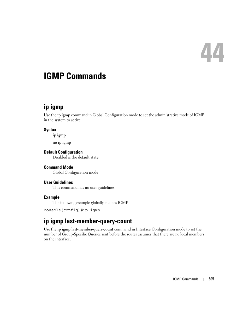 Igmp commands, Ip igmp, Ip igmp last-member-query-count | 44 igmp commands | Dell POWEREDGE M905 User Manual | Page 591 / 808