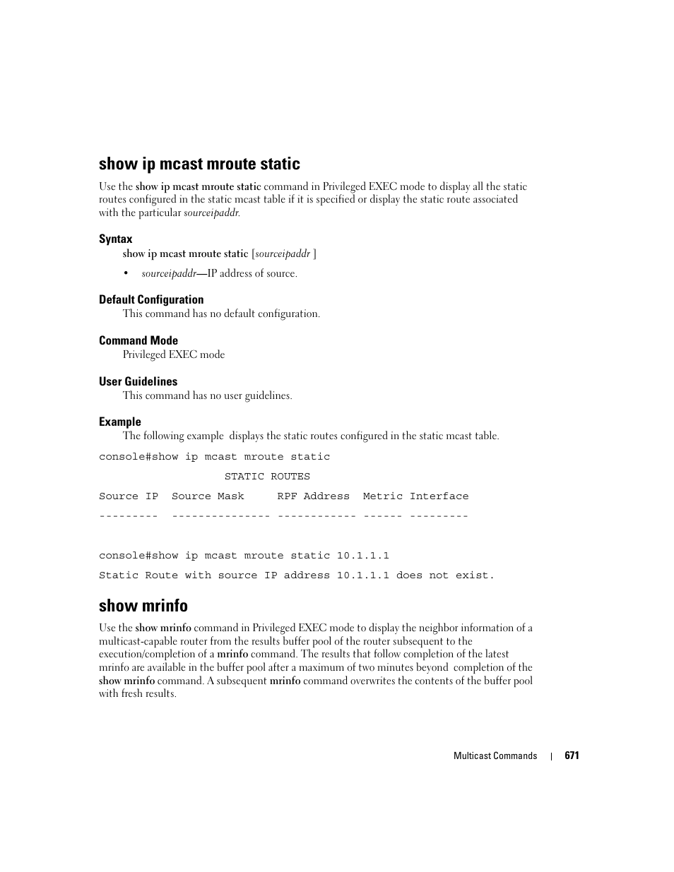 Show ip mcast mroute static, Show mrinfo | Dell POWEREDGE M905 User Manual | Page 665 / 808