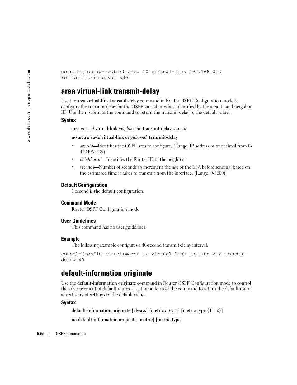 Area virtual-link transmit-delay, Default-information originate | Dell POWEREDGE M905 User Manual | Page 680 / 808