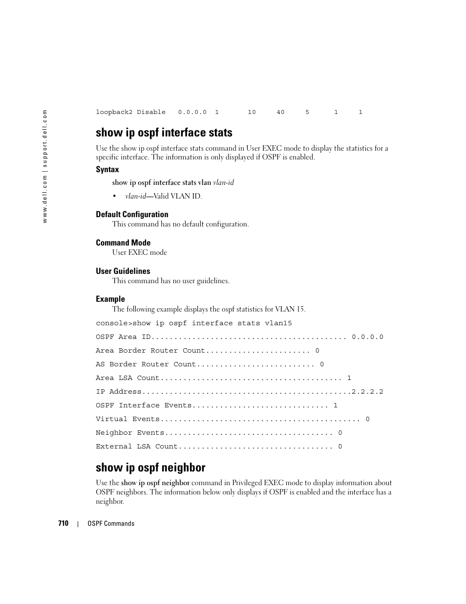 Show ip ospf interface stats, Show ip ospf neighbor | Dell POWEREDGE M905 User Manual | Page 704 / 808