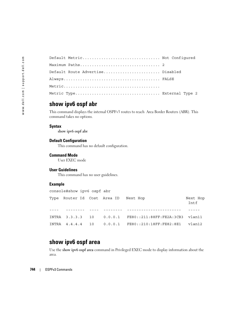 Show ipv6 ospf abr, Show ipv6 ospf area | Dell POWEREDGE M905 User Manual | Page 738 / 808