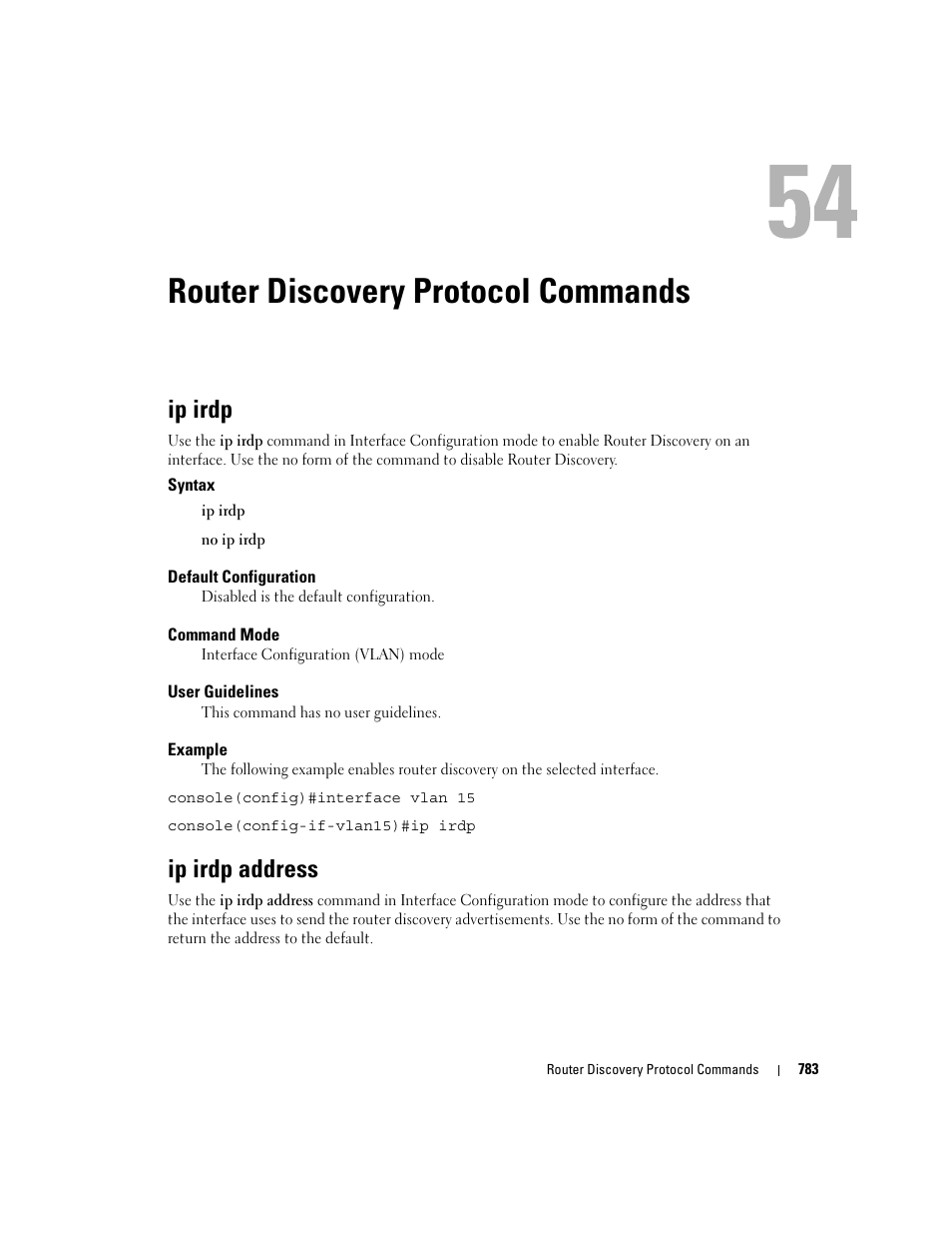 Router discovery protocol commands, Ip irdp, Ip irdp address | 54 router discovery protocol commands | Dell POWEREDGE M905 User Manual | Page 775 / 808