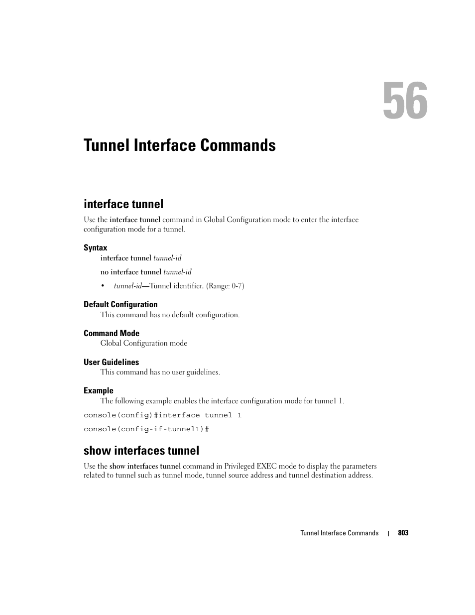 Tunnel interface commands, Interface tunnel, Show interfaces tunnel | 56 tunnel interface commands | Dell POWEREDGE M905 User Manual | Page 793 / 808