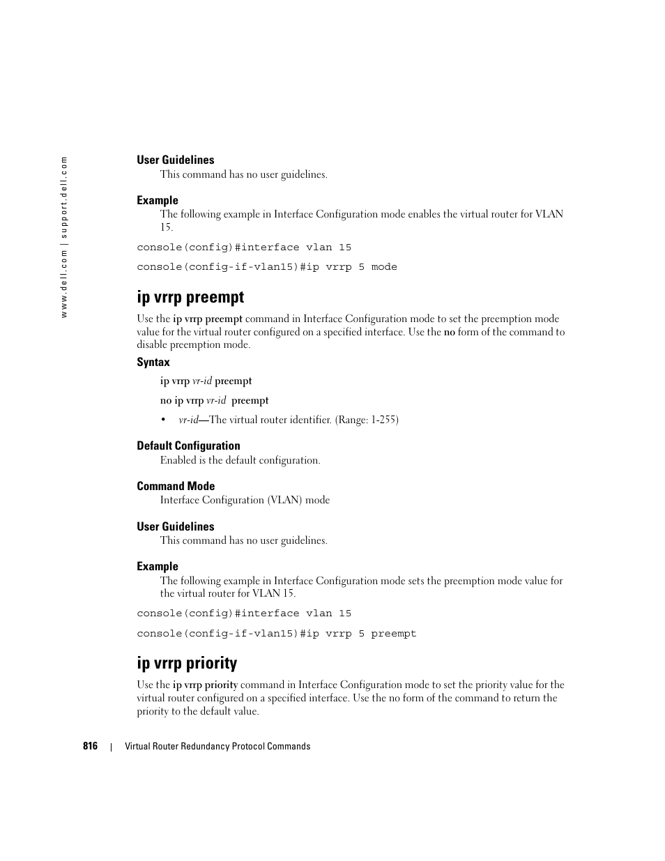 Ip vrrp preempt, Ip vrrp priority | Dell POWEREDGE M905 User Manual | Page 802 / 808