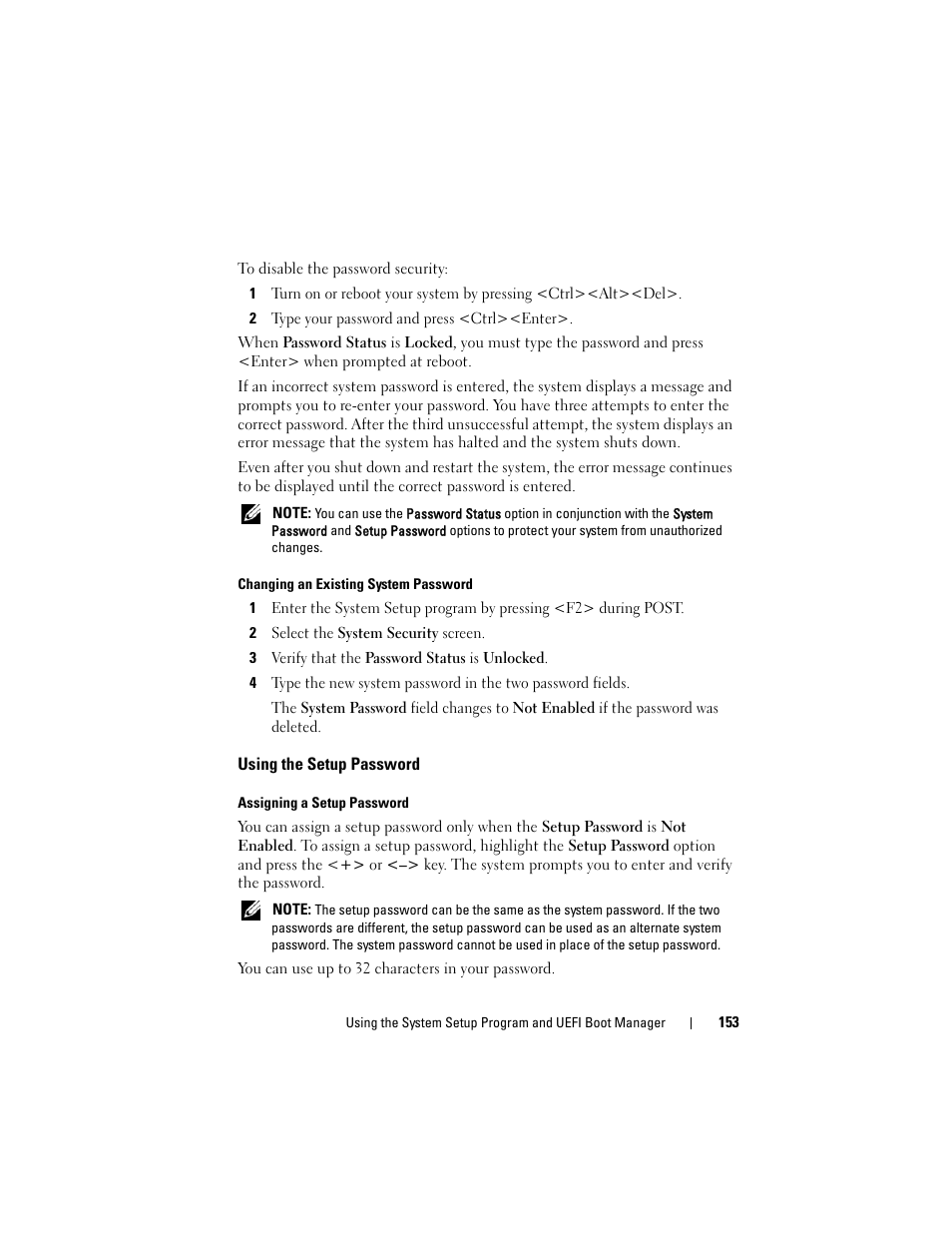Changing an existing system password, Using the setup password, Assigning a setup password | Dell POWEREDGE M915 User Manual | Page 153 / 368