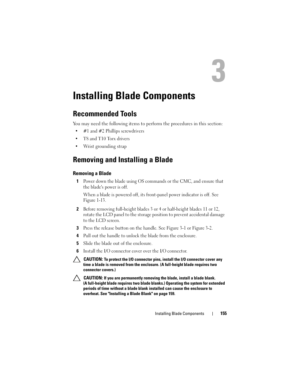 Installing blade components, Recommended tools, Removing and installing a blade | Removing a blade | Dell POWEREDGE M915 User Manual | Page 155 / 368