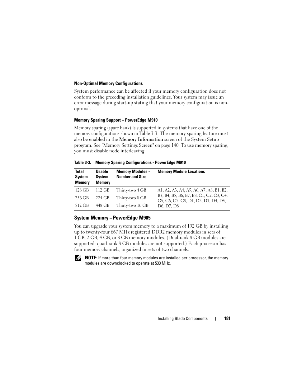 Non-optimal memory configurations, Memory sparing support - poweredge m910, System memory - poweredge m905 | System memory – poweredge m905 | Dell POWEREDGE M915 User Manual | Page 181 / 368