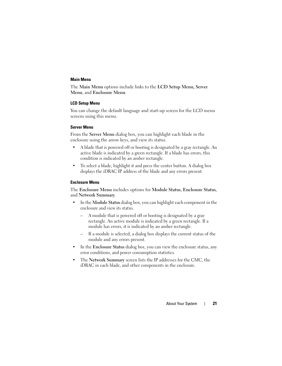 Main menu, Lcd setup menu, Server menu | Enclosure menu | Dell POWEREDGE M915 User Manual | Page 21 / 368