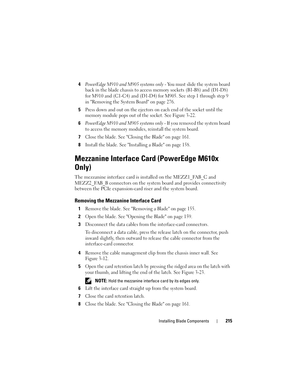 Mezzanine interface card (poweredge m610x only), Removing the mezzanine interface card | Dell POWEREDGE M915 User Manual | Page 215 / 368
