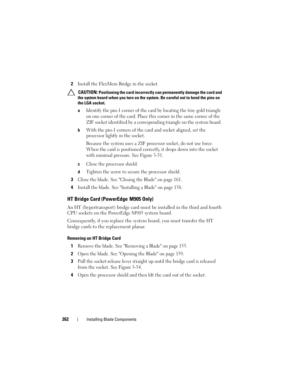 Ht bridge card (poweredge m905 only), Removing an ht bridge card | Dell POWEREDGE M915 User Manual | Page 262 / 368