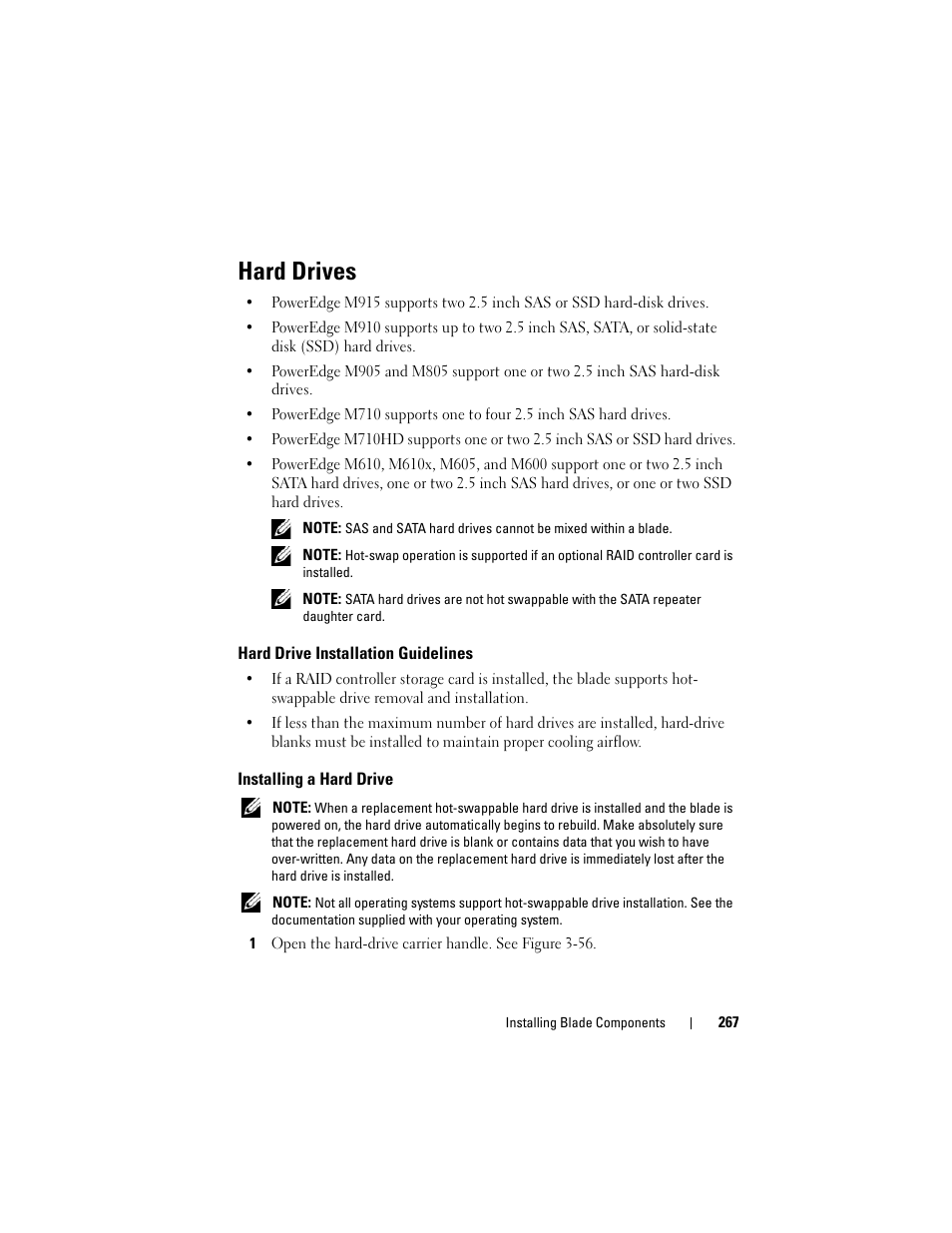 Hard drives, Hard drive installation guidelines, Installing a hard drive | Hard | Dell POWEREDGE M915 User Manual | Page 267 / 368