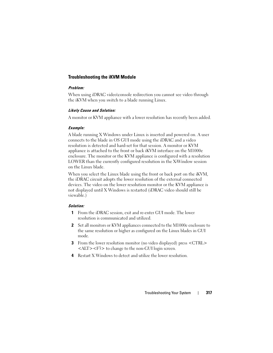 Troubleshooting the ikvm module, Problem, Likely cause and solution | Example, Solution | Dell POWEREDGE M915 User Manual | Page 317 / 368