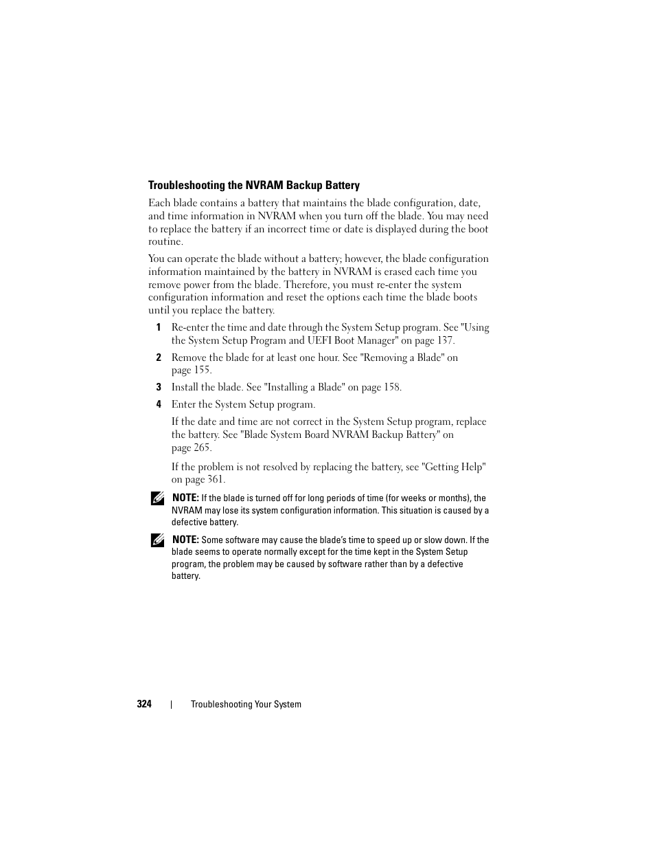 Troubleshooting the nvram backup battery, Troubleshooting the nvram, Backup battery | See "troubleshooting the, Nvram backup battery, Troubleshooting the, Nvram backup battery" on | Dell POWEREDGE M915 User Manual | Page 324 / 368