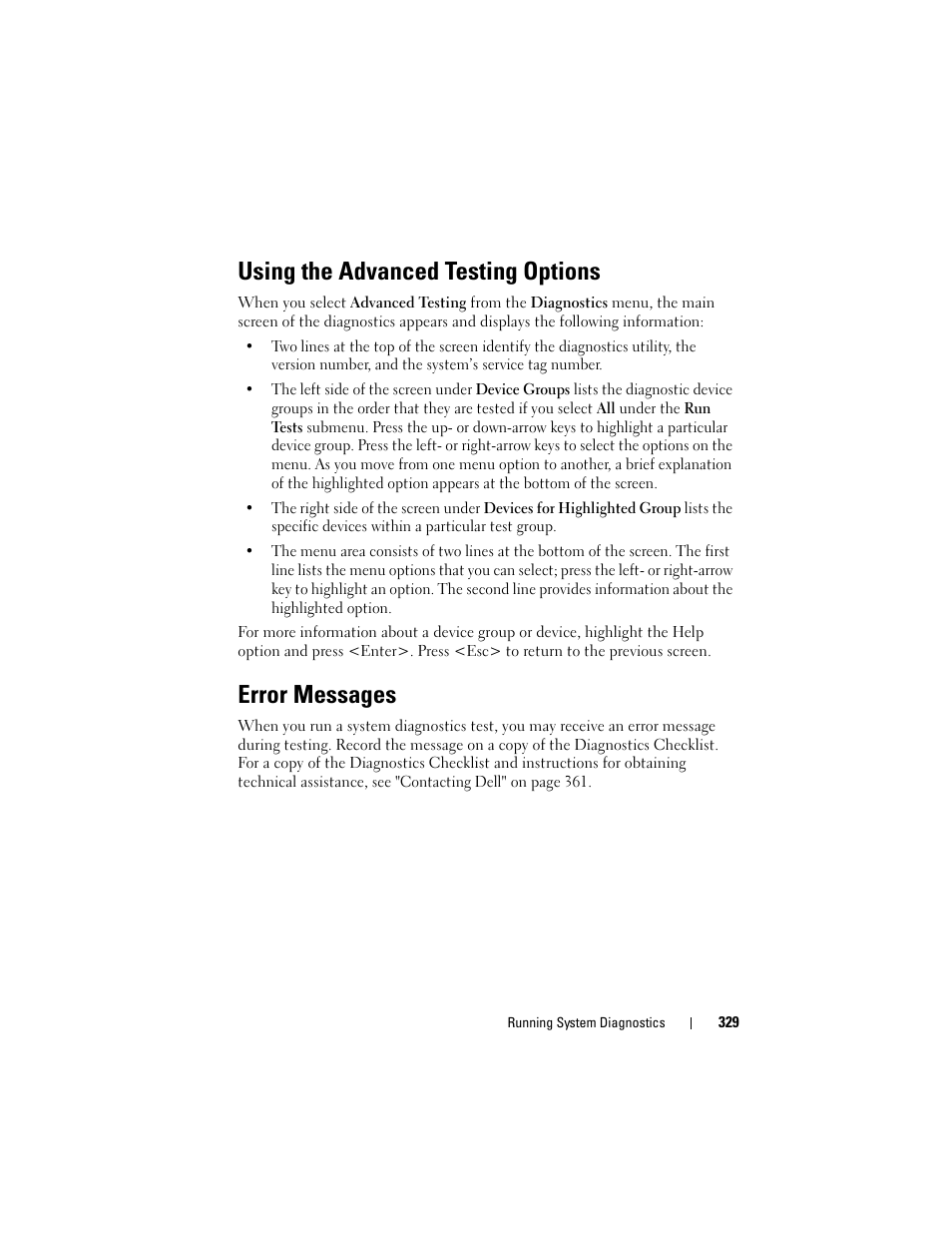 Using the advanced testing options, Error messages | Dell POWEREDGE M915 User Manual | Page 329 / 368