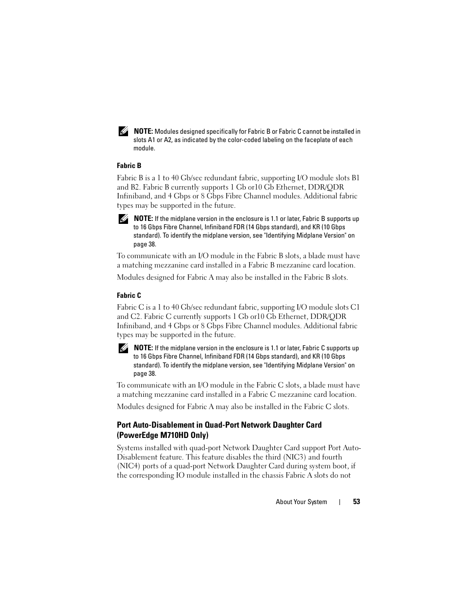 Fabric b, Fabric c, Port auto-disablement in quad-port | Network daughter card, Poweredge m710hd only) | Dell POWEREDGE M915 User Manual | Page 53 / 368