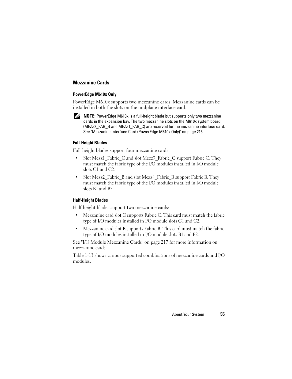 Mezzanine cards, Poweredge m610x only, Full-height blades | Half-height blades | Dell POWEREDGE M915 User Manual | Page 55 / 368