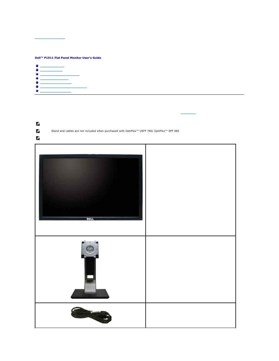 About your monitor, Package contents | Dell P1911 Monitor User Manual | Page 2 / 38