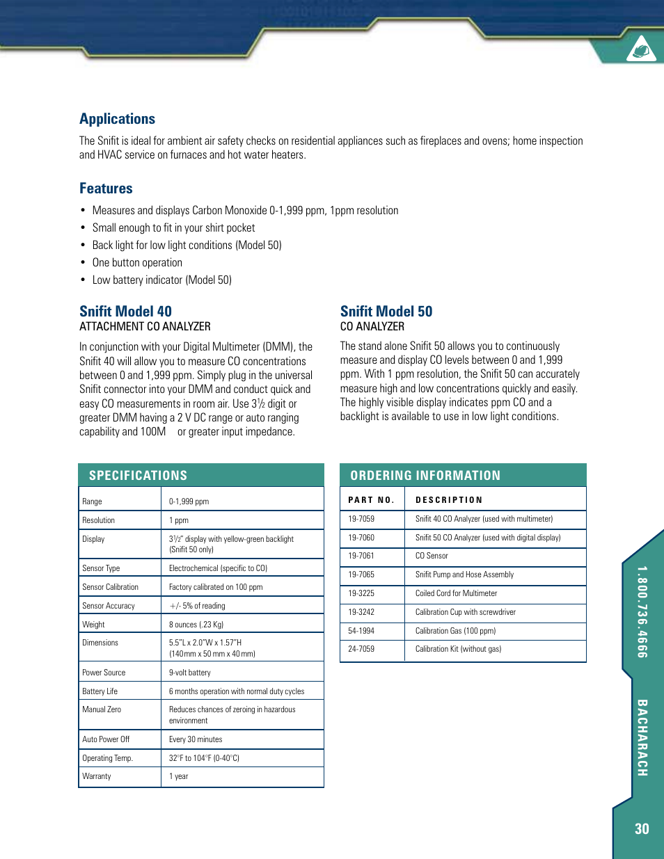 30 applications, Features, Snifit model 40 | Snifit model 50, 4666 bacharach, Ordering information, Specifications | Bacharach Snifit 40 User Manual | Page 2 / 2