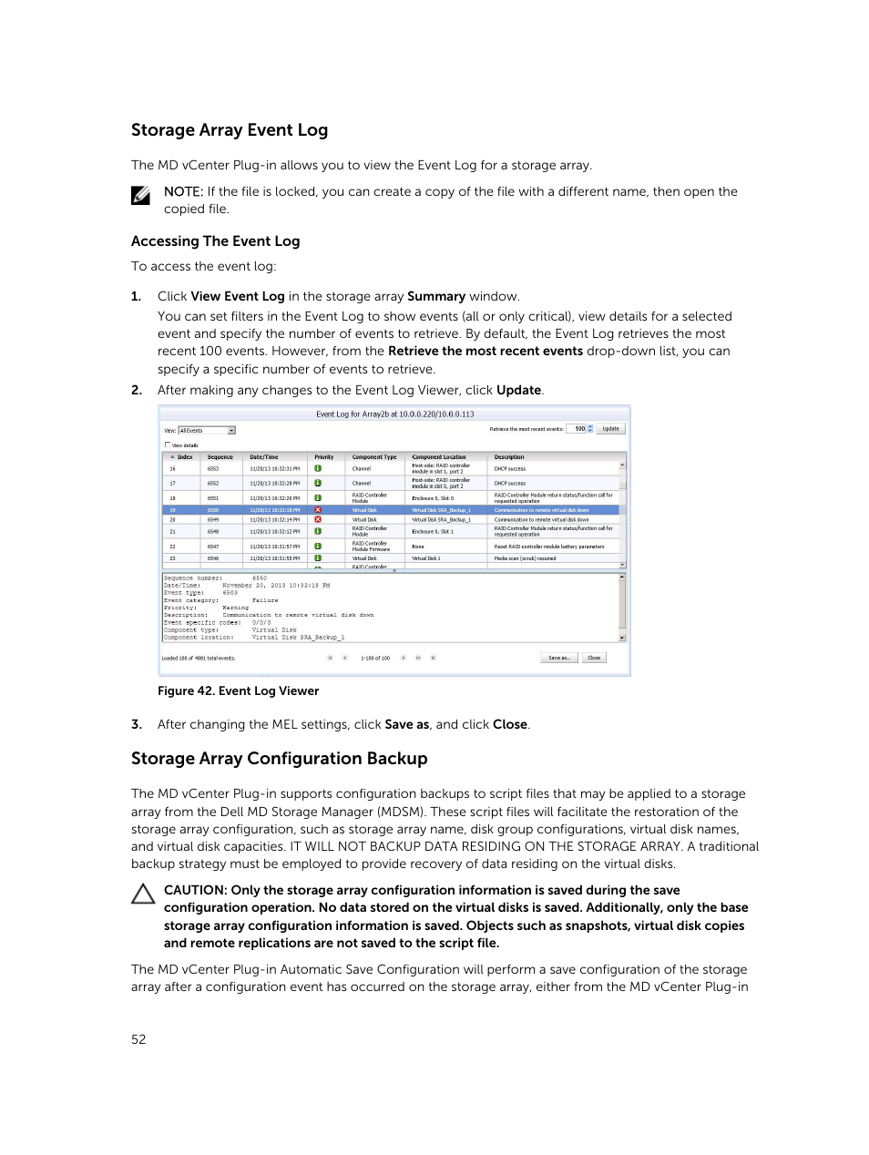 Storage array event log, Storage array configuration backup | Dell PowerVault MD3420 User Manual | Page 52 / 88