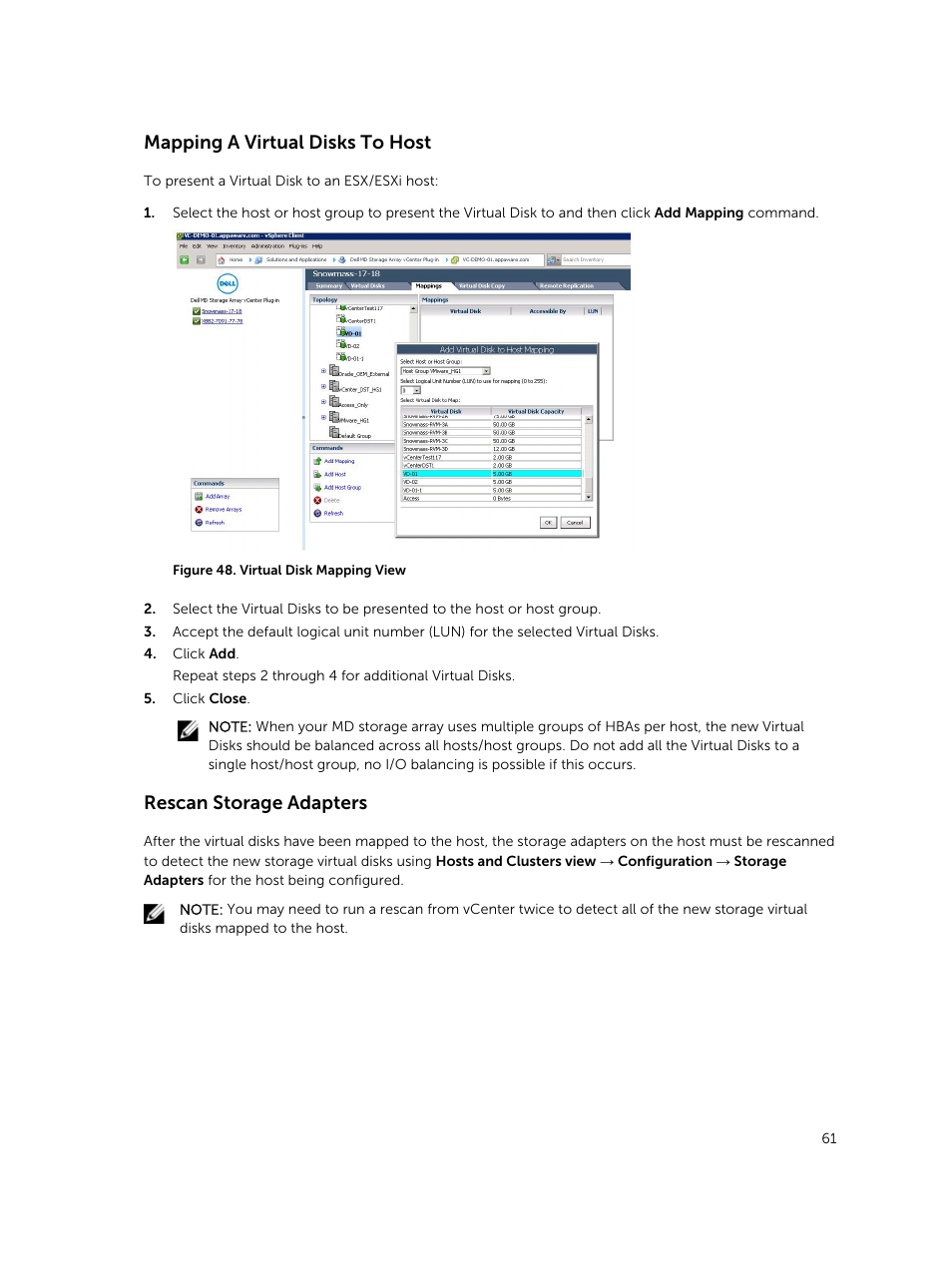 Mapping a virtual disks to host, Rescan storage adapters | Dell PowerVault MD3420 User Manual | Page 61 / 88