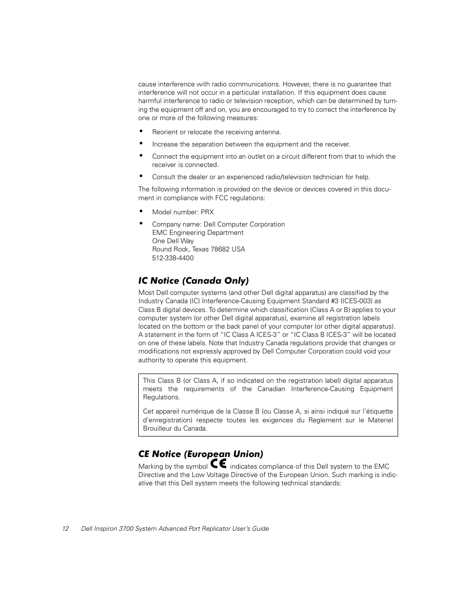 Ic notice (canada only), Ce notice (european union) | Dell Inspiron 3700 User Manual | Page 16 / 32